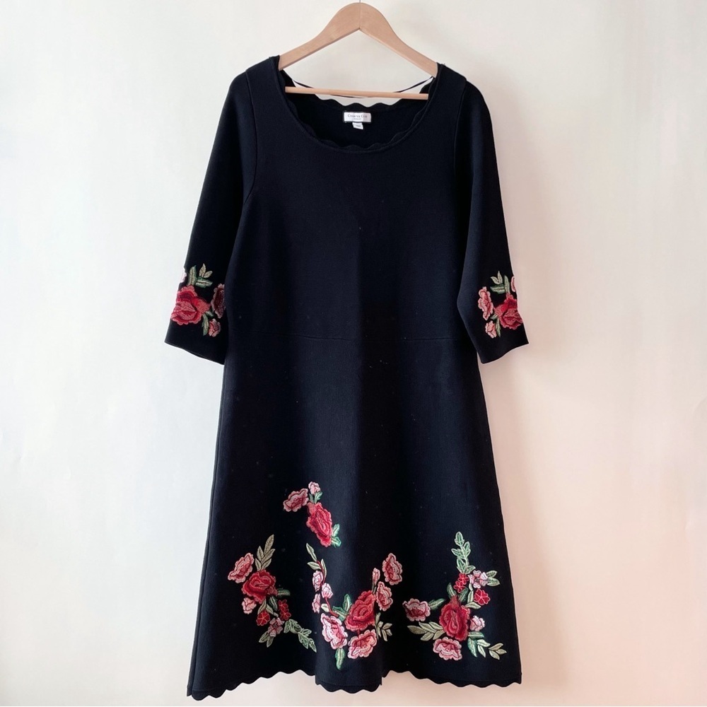 Charter Club Black Knit Sweater Dress w/ Red Embroidered Flowers Size 2X